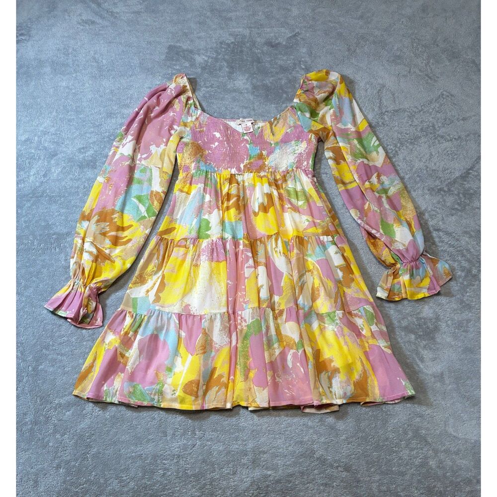 Flying Tomato Floral Puff Sleeve Mini Dress Women’s Medium Pastel Abstract Boho